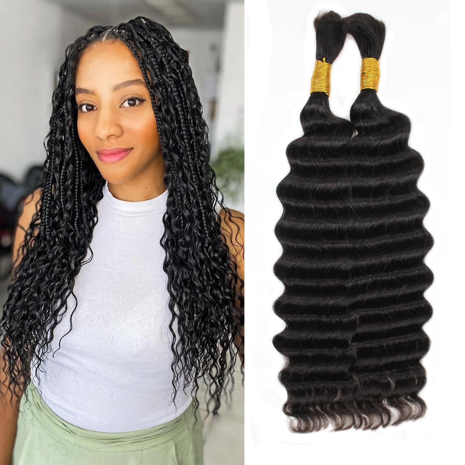 Ainimiu 18inch Deep Wave Bulk Human Hair for Braiding - 2 Bundle 100g Natural Color Curly Hair Extensions for Boho Braids