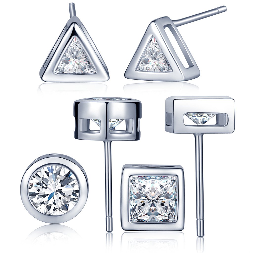 Infinite U 3 Pairs 925 Sterling Silver Cubic Zirconia Triangle/Round/Square Ear Studs Earring Set Earbob for Women/Girls