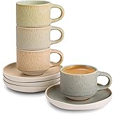 KooK Espresso Mug and Saucer Set, Ceramic Cups and Plates with Rustic Organic Shape and Feathered Texture, Dishwasher and Microwave Safe, 2.7 oz, Set of 4, Neutral Multicolor (2.7 Oz)