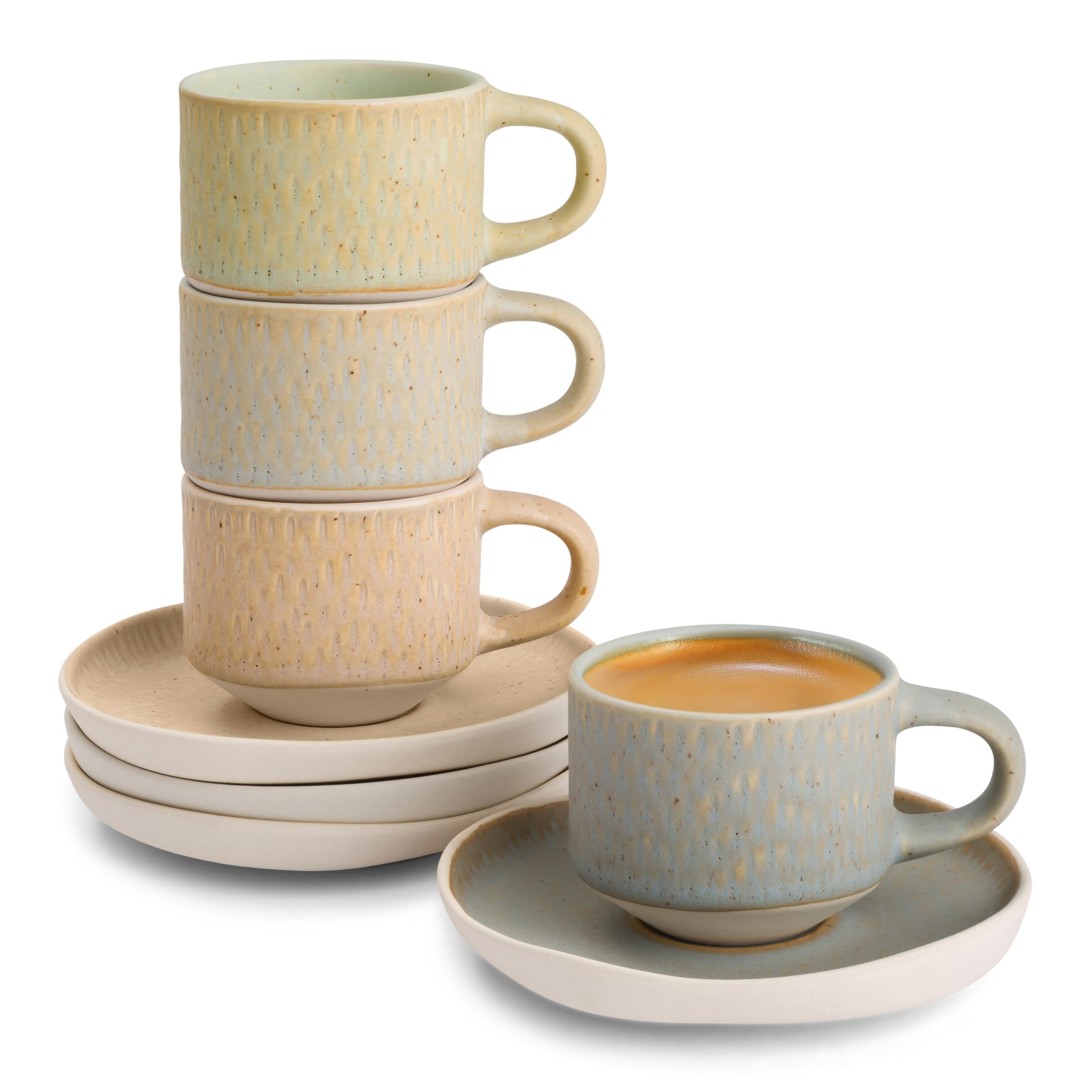 Photo 1 of KooK Espresso Mug and Saucer Set, Ceramic Cups and Plates with Rustic Organic Shape and Feathered Texture, Dishwasher and Microwave Safe, 2.7 oz, Set of 4, Neutral Multicolor