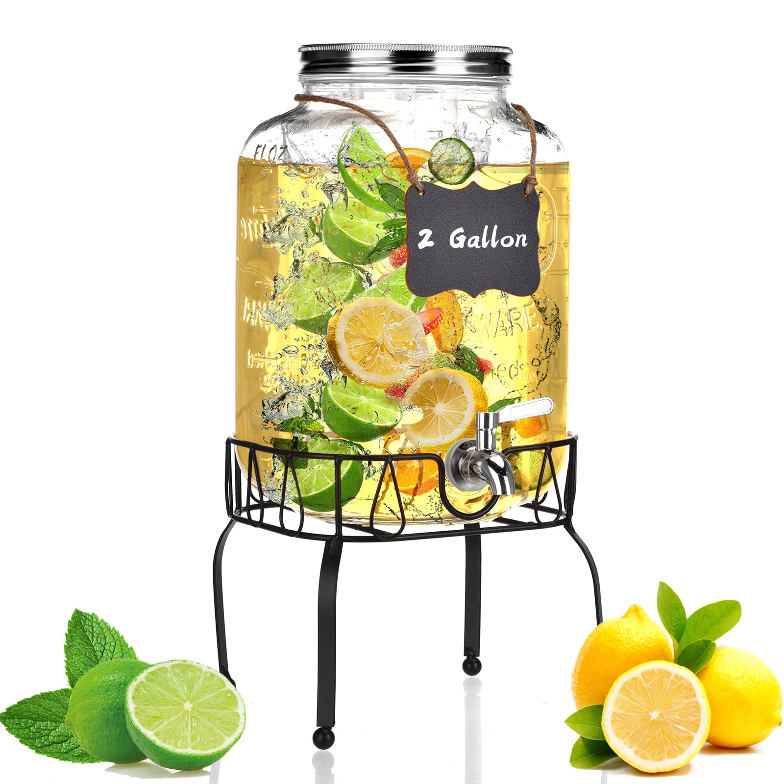 Photo 1 of ***(MAJOR DAMAGE/ SEE NOTES)***2 Gallon Glass Drink Dispenser with Stand, Drink Dispensers for Parties, Beverage Dispenser with Leakproof Stainless Steel Spigot, Ideal for Lemonade, Juice, Water, Laundry Detergent Dispenser