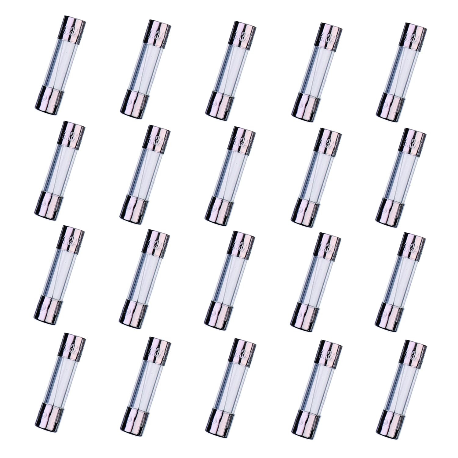 HUAREW F6.3AL250V 20 Pcs 5x20mm Fast-Blow Glass Fuse 6.3A 250V 0.2x0.78 inch time delay Fuse(Pack of 20 Pcs)