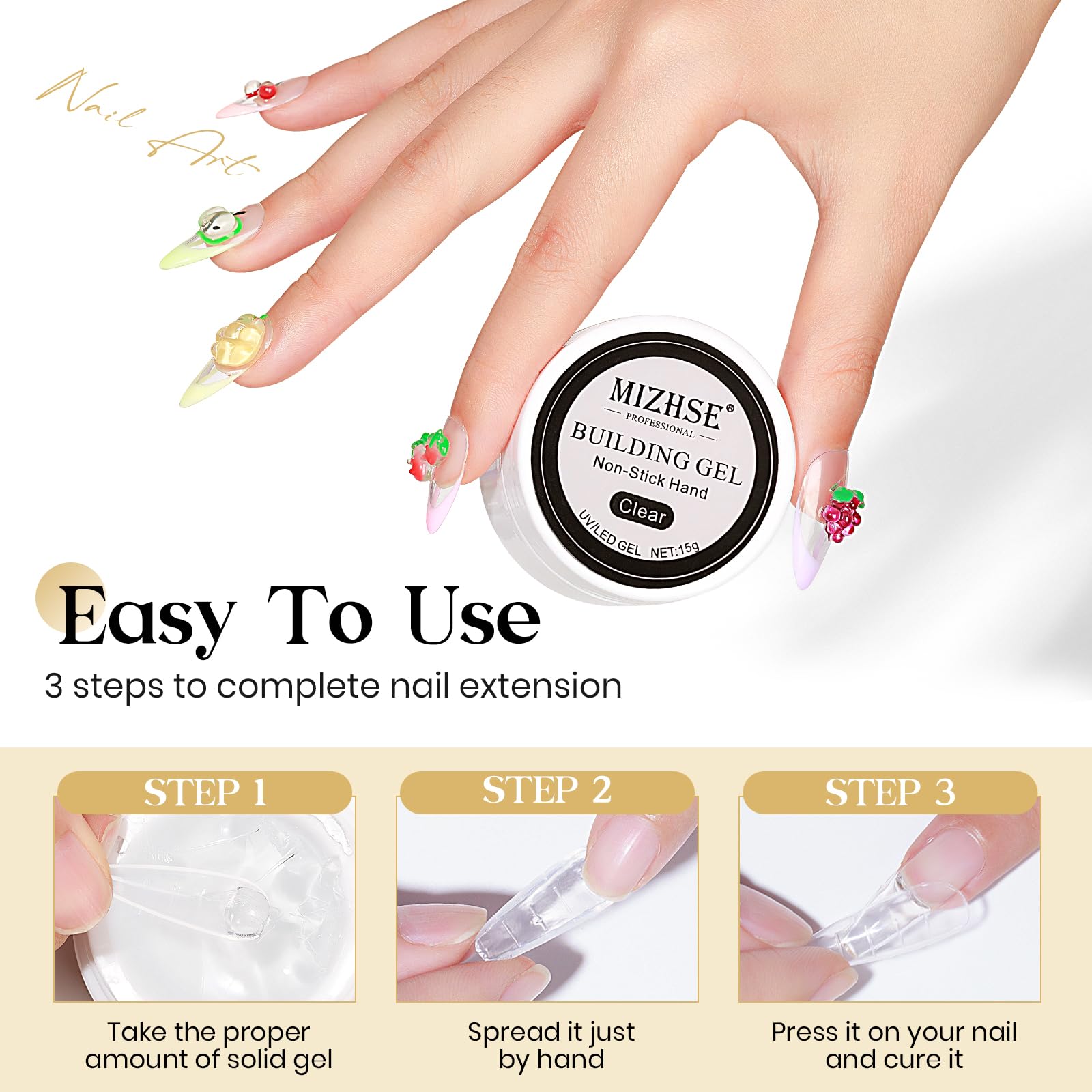 MIZHSE Solid Builder Gel for Nails, Clear Non-Sticky Sculpting Gel, 3D Nail Art Carving Building Modeling Hard Nail Extension Soak Off UV/LED Nail Art Salon Home DIY 15g - Image 6