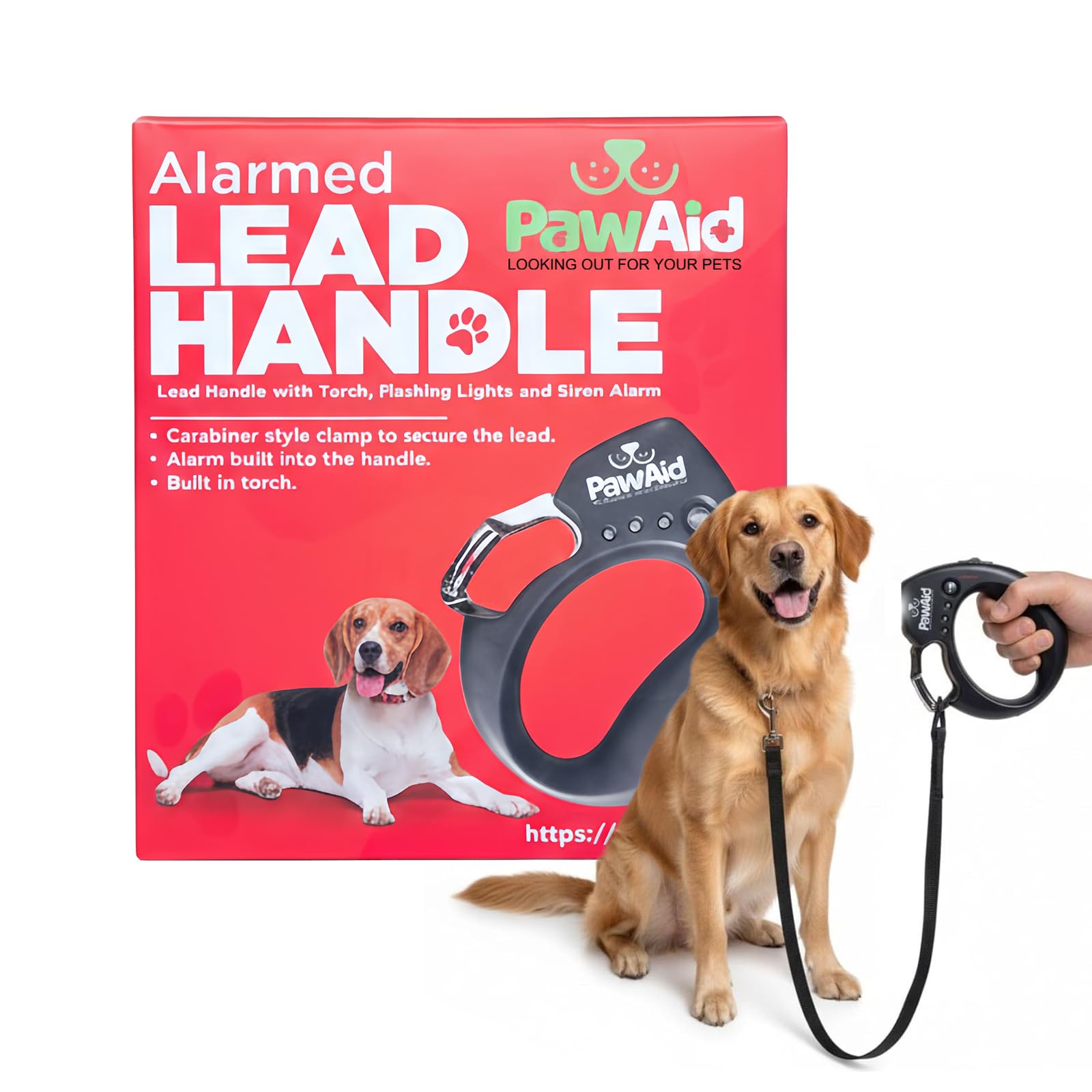 PawAid Dog Alarmed Handle 3-in-1, Universal Dog Lead Handle with Personal Alarm & LED Torch Dog Light - for Small, Medium & Large Dogs, One Size Carbine Clip for Training & Daily Night Walks
