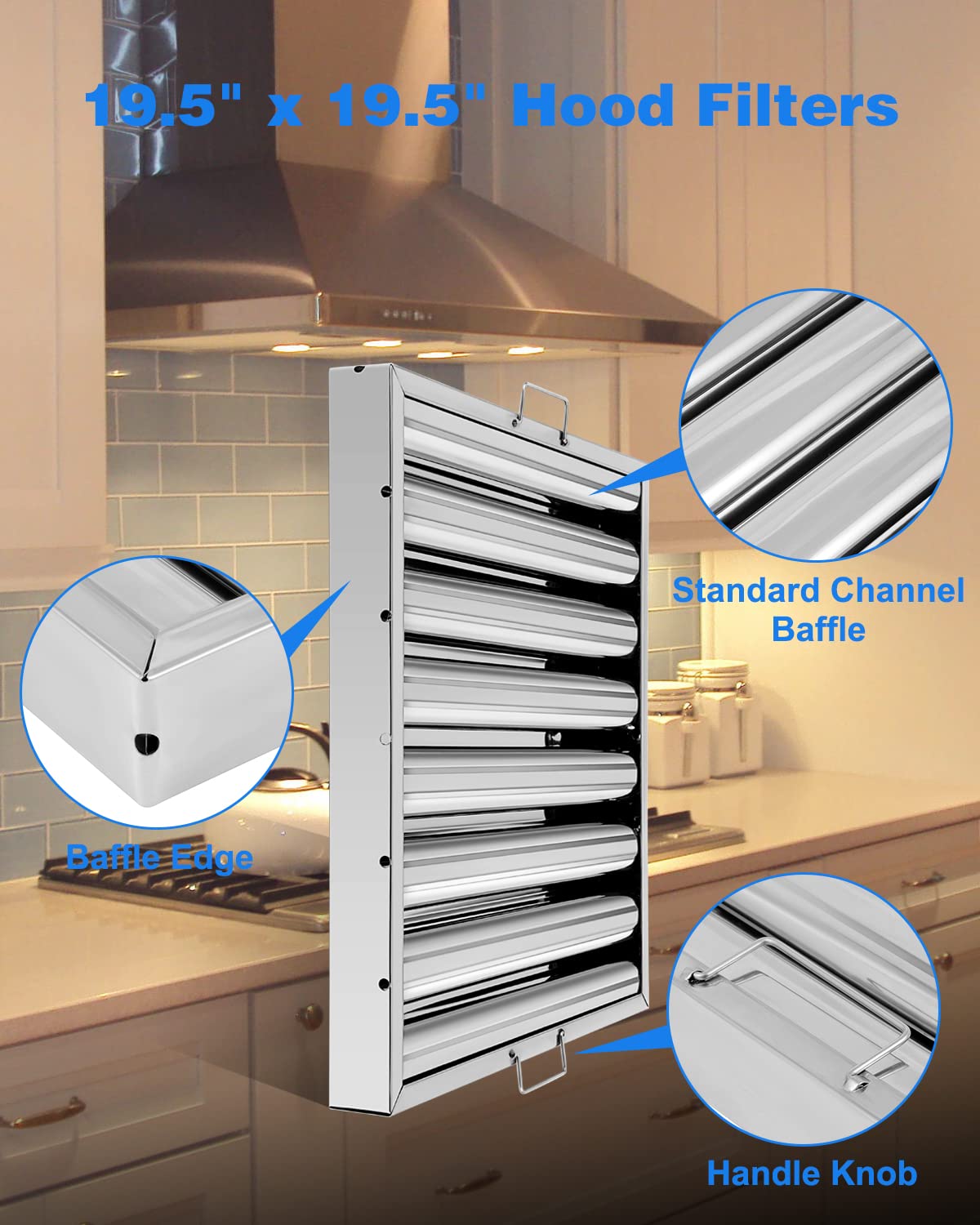 Hood Filters 19.5W x 19.5H Inch, 430 Stainless Steel 7 Grooves Commercial Baffle Grease Filter, Range Hood Filter for Grease Rated Commercial Kitchen Exhaust Hoods Pack of 6