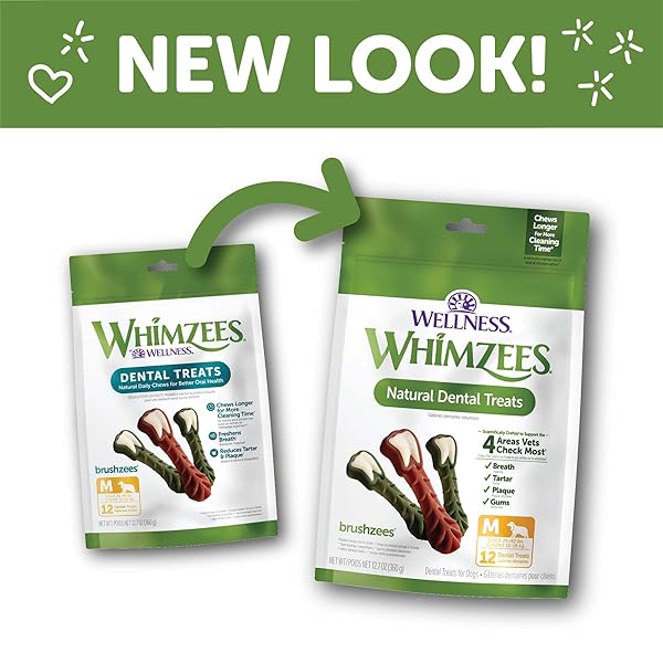 WELLNESS WHIMZEES BRUSHZEES DOG DENTAL TREATS, NATURAL CHEWS, MEDIUM SIZE STICK, (12 COUNT)