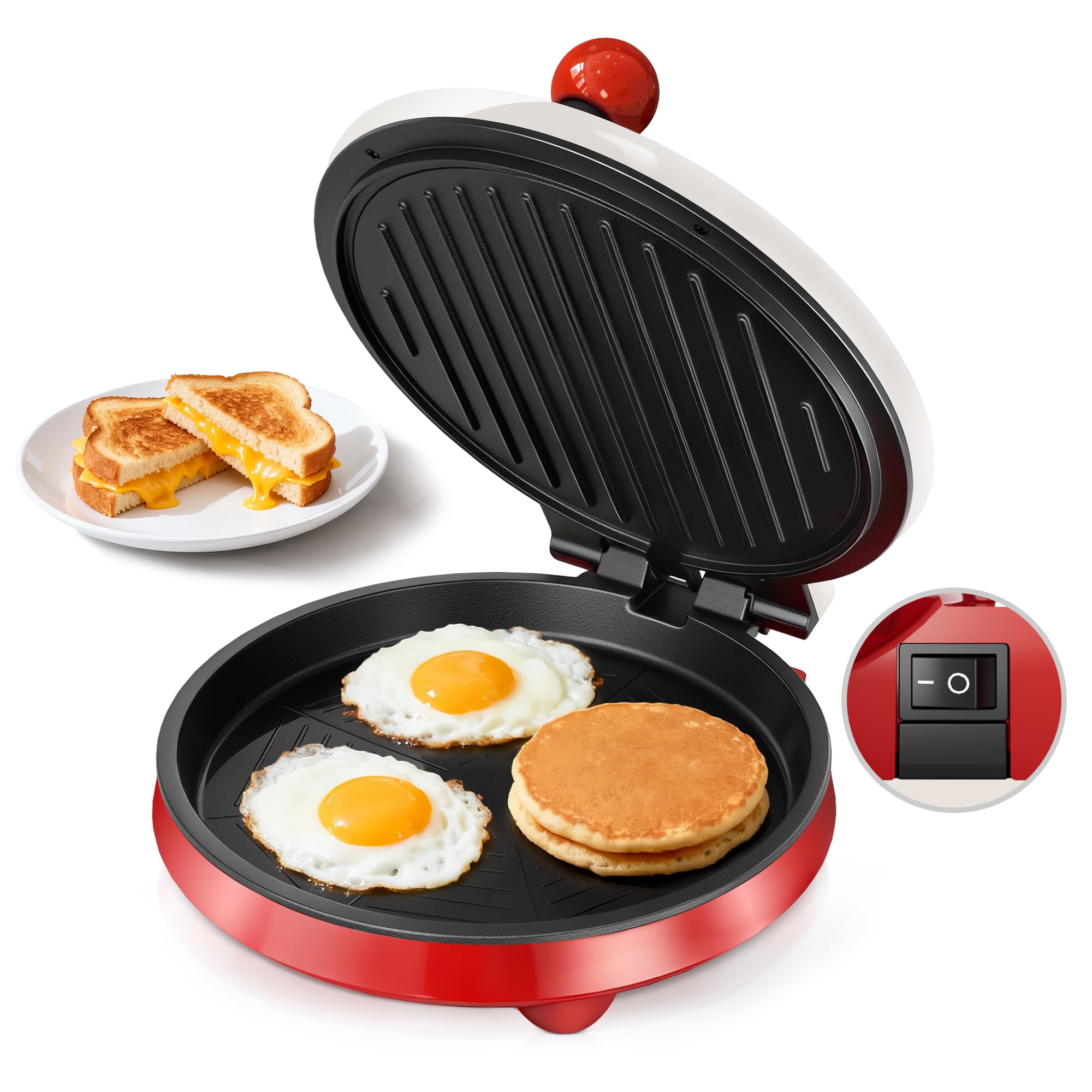 Photo 1 of 3-in-1 Electric Griddle & Panini Press - CACHOO 8" Nonstick Round Griddle and Sandwich Press with On/Off Switch, 180° Open Design, Perfect for Pancakes, Omelettes, Quesadillas, Veggies (Red/Beige)