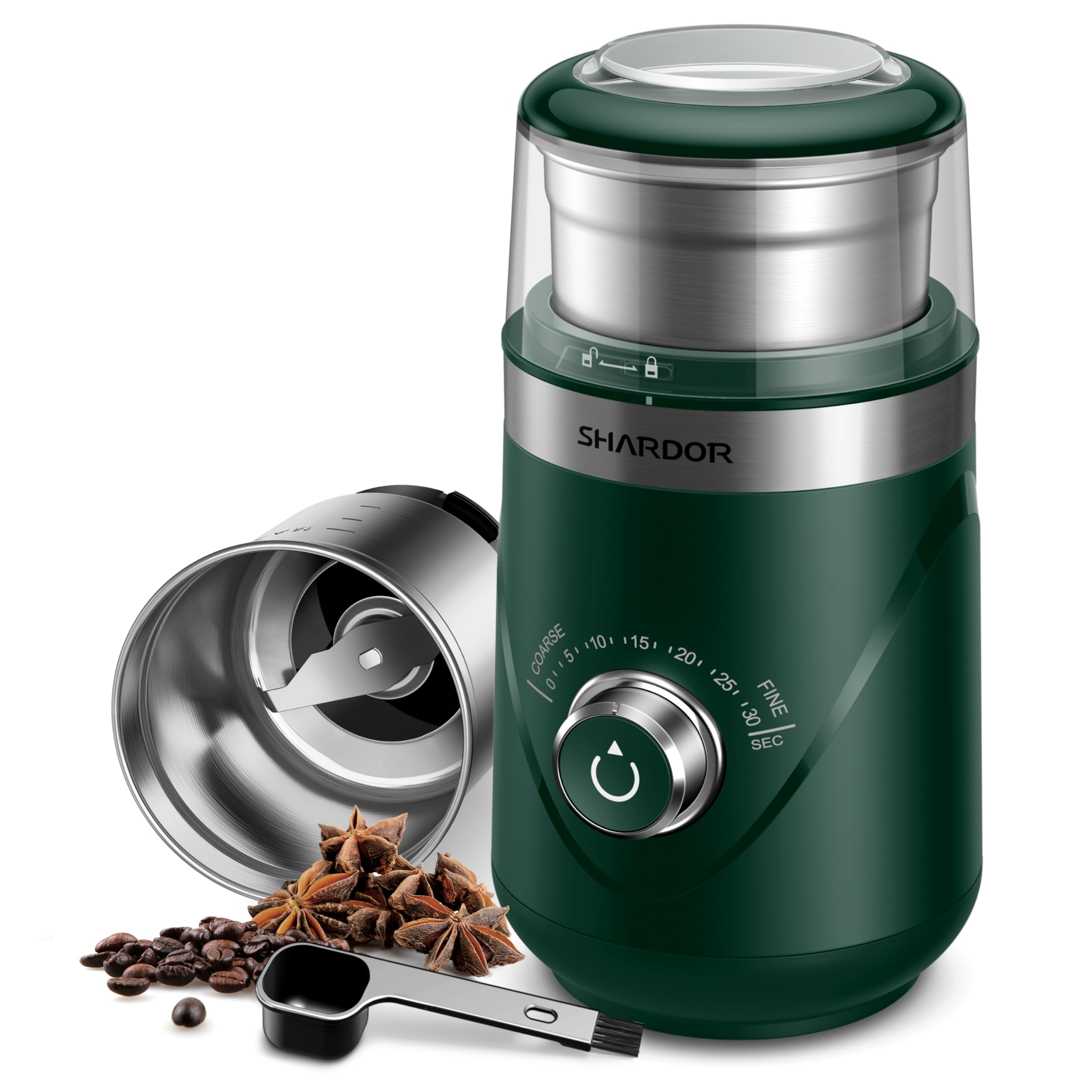 Photo 1 of SHARDOR Electric Super Silent Blade Coffee Grinder, Timed Grind Control Rotary Knob, Adjustable Coarse to Fine for Coffee Beans, Spices & Herbs, with 1 Removable Stainless Steel Bowl, Green