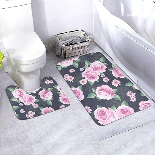 Amazon Com Pink Rose Flower Pattern 2 Piece Bathroom Rug Set Non Slip Bath Mats And Contour Bath Rug Combo Home Kitchen