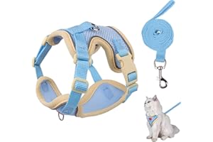 Cat Harness and Leash for Walking, Escape Proof Vest Harness for Cat, Adjustable Leash and Reflective Strips - Blue (L)