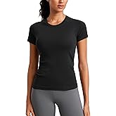 CRZ YOGA Seamless Workout Tops for Women Hip Length - Athletic Running Gym Yoga Short Sleeve Shirts Breathable Crewneck Tees