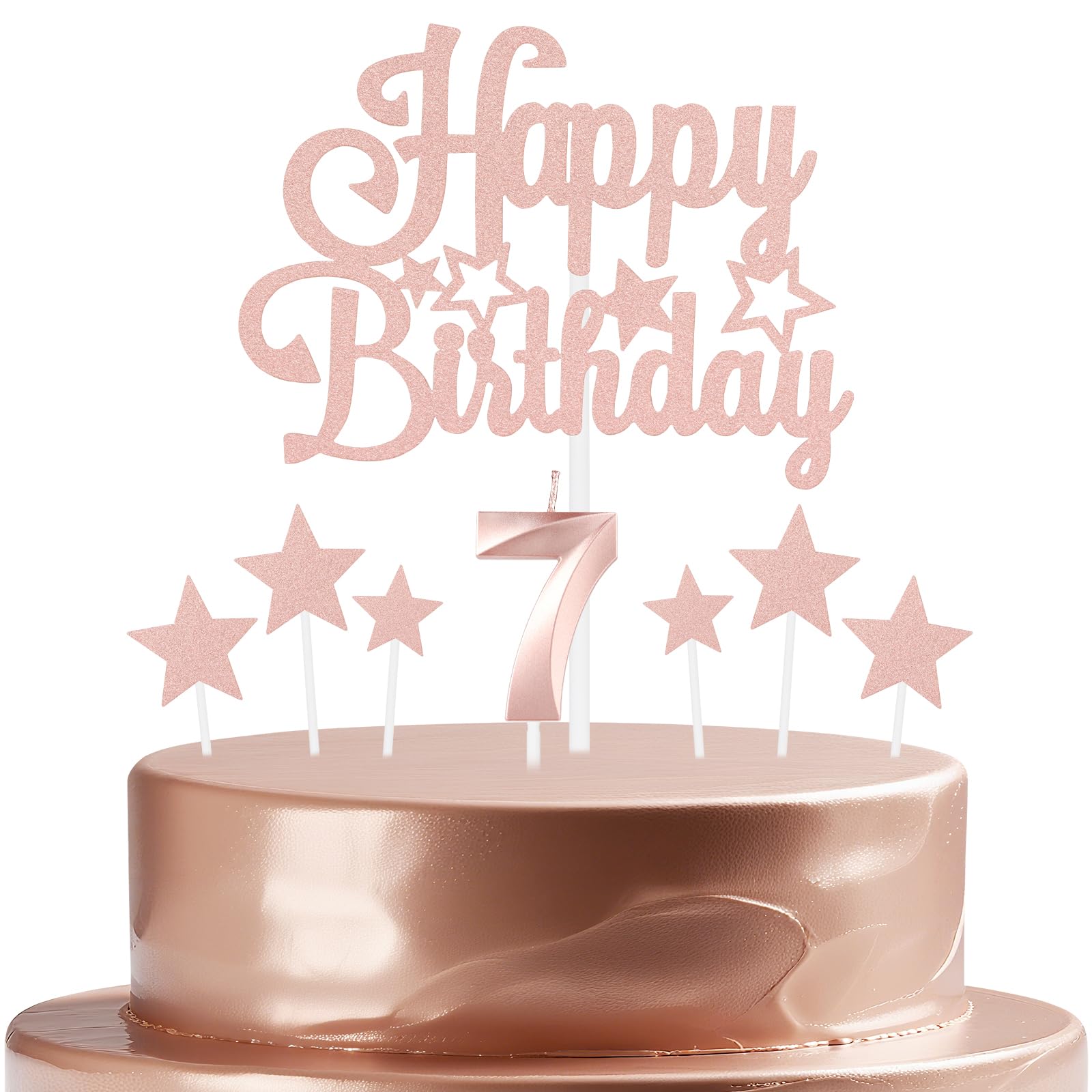 mciskin Rose Gold Birthday Candles Set, 7th Birthday Decorations, 3D Number 7 Candle, Rose Gold Cake Toppers with Star, 8 Pieces