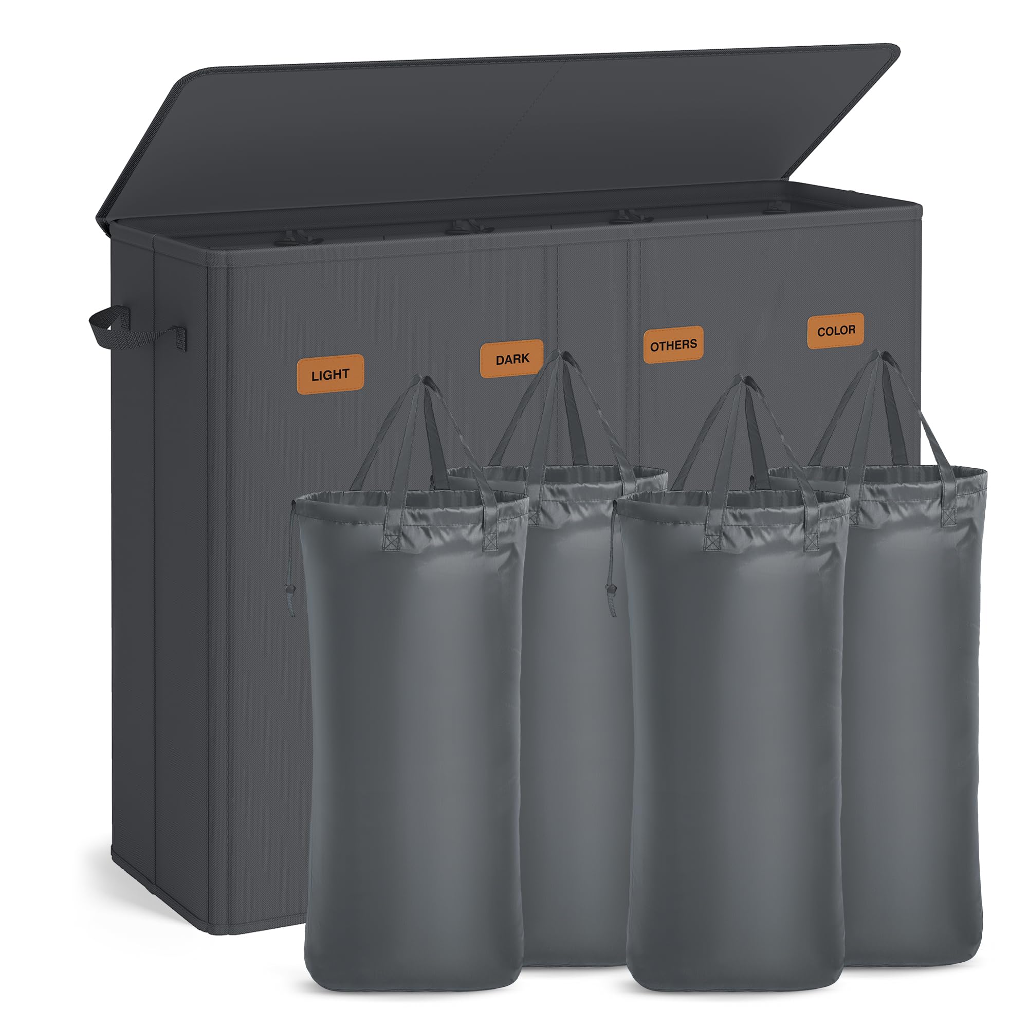 SONGMICS Wäschekorb mit 4 Fächern, 210 L, mit Deckel, 5 Etiketten, herausnehmbarer und waschbarer Innensack, Waschküche Schlafzimmer, dunkelgrau RLH014G01