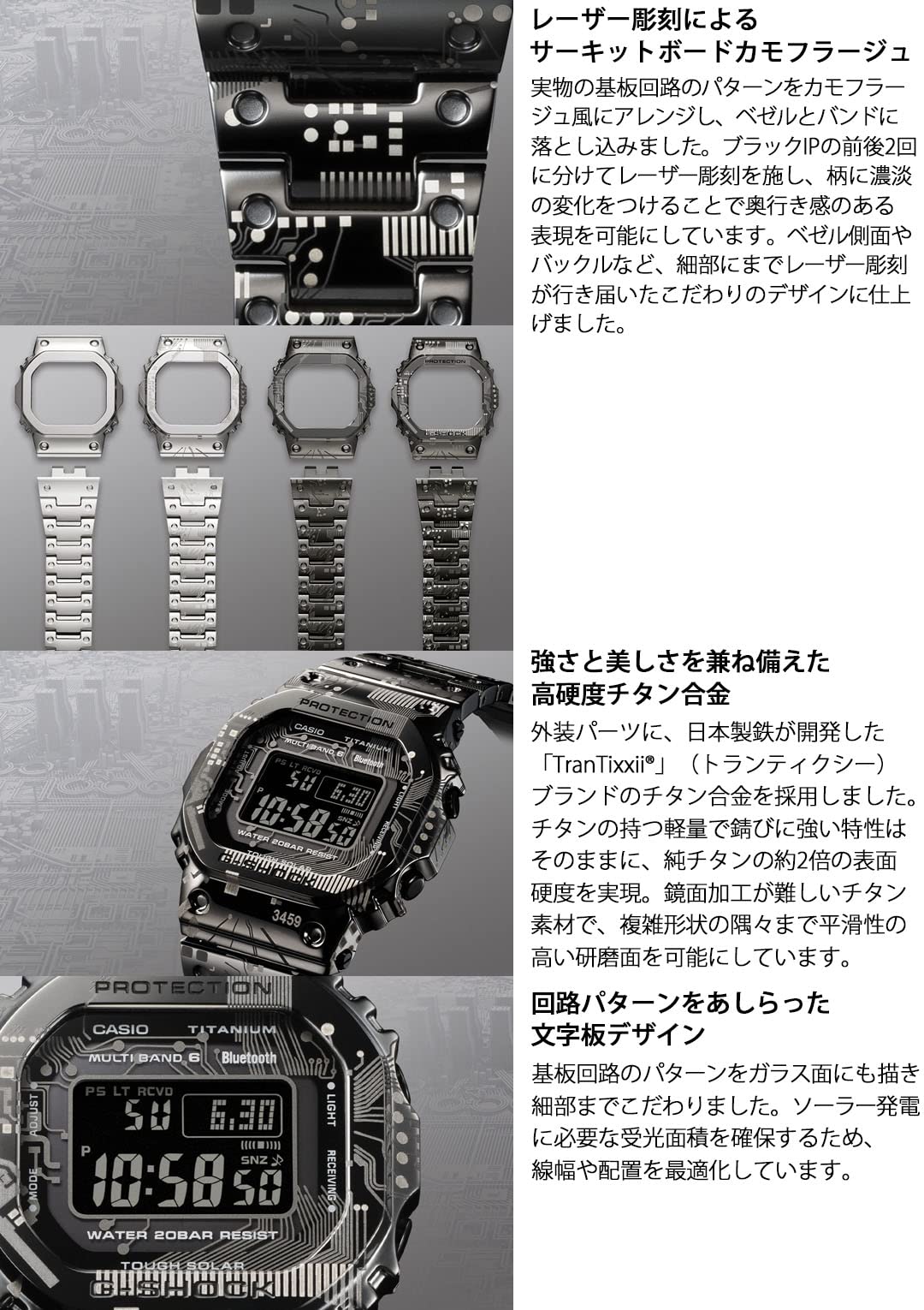 G-SHOCK(ジーショック) Casio GMW-B5000TCC-1JR Men's Wristwatch, Full Metal, Radio Solar, Titanium Model, Black, Limited Model: Titanium (Circuit Board Pattern Camouflage), 1 piece, watch