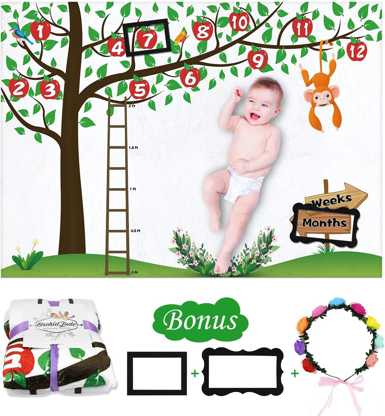 ALDOM Baby Monthly Milestone Blanket for Baby Boy and Girl, Photo Blanket for Newborn Baby Shower, Premium Flanne Personalized baby blanket, includes with Floral Wreath +2 Picture Frame, Large 60"x 40