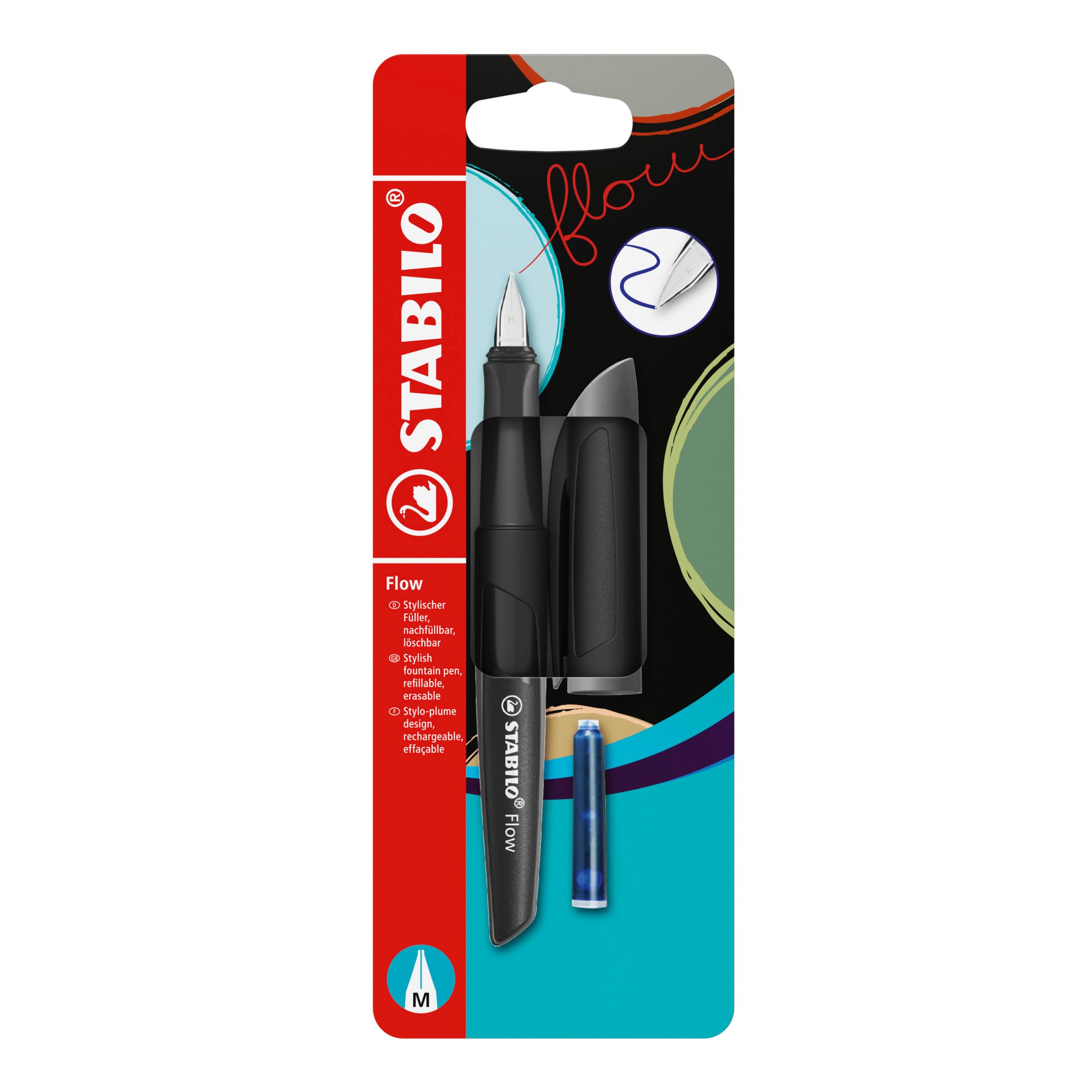 STABILO Flow - Fountain Pen - ACTIVE - Medium Nib - Pack of 1 - Black including Blue Ink Cartridge