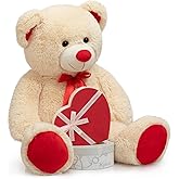 WENMOTDY Huge Teddy Bear Stuffed Animal Giant Teddy Bear Plush with Red Ribbon Bow Day Plush Toy Gift for Girlfriend and Kids 36 inch Beige