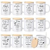 Didaey 12 Sets Christian Gifts Bulk Religious Mugs 12oz Bible Verses Ceramic Coffee Cup with Lid Handle Spoon Inspirational Mug Church Gift for Coworker Employee Staff(Religious)