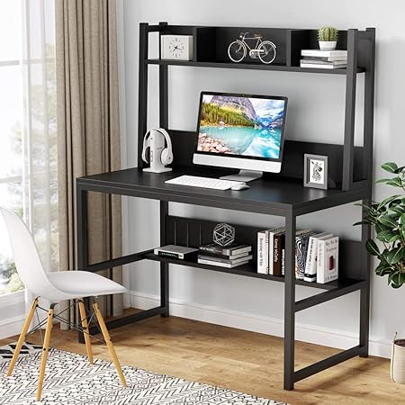 Tribesigns Bureau D Ordinateur Bureau En Bois Bureau D Etude Avec Clapier Et Etagere Pour Petit Espace 107cm X 50cm X140cm Noir Amazon Fr Cuisine Maison