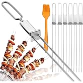 Skewers for Grilling- 17 inch (6 Pack) Double Pronged Flat Stainless Steel BBQ Skewer with Push Bar- Kabob Skewers Skewer Sticks for Camping or family - Reusable, BBQ Accessorie