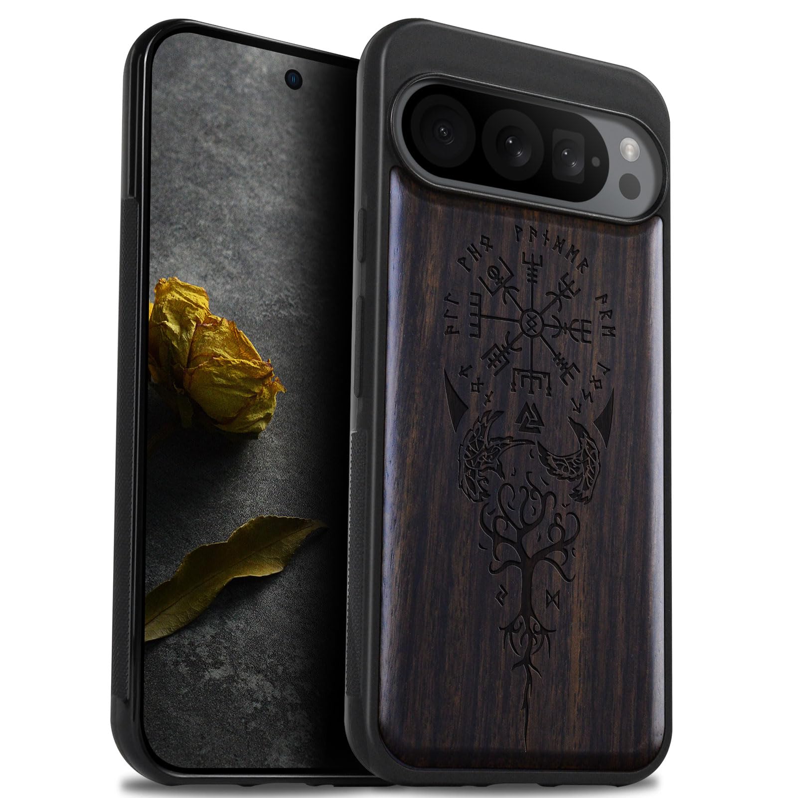 Carveit Wood Case for Pixel 9 Pro XL - Natural Wood & Black Soft TPU Shockproof Protective Cover - Unique Wooden Case - Compatible with Google Pixel 9 Pro XL (The Guiding Vegvisir-Blackwood)