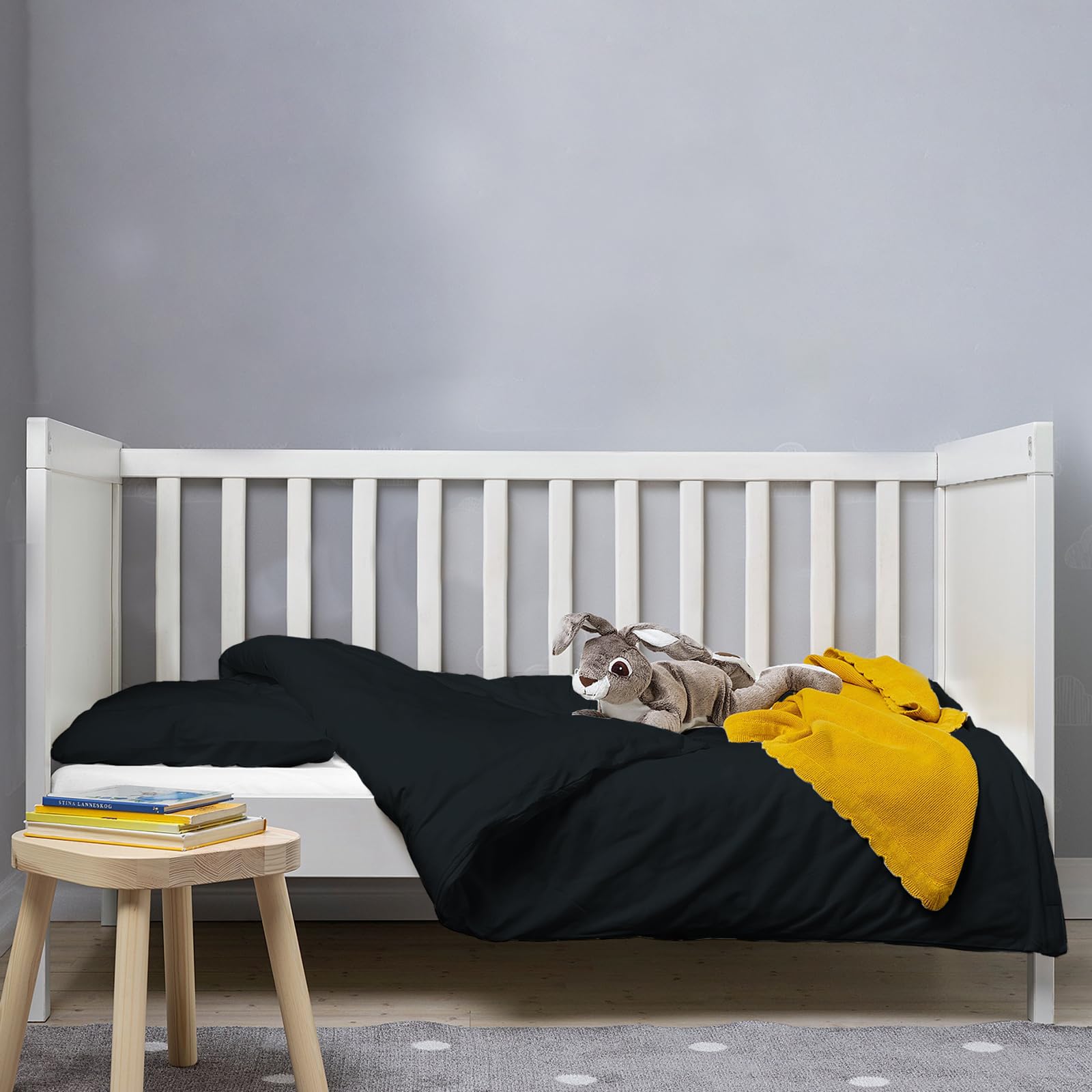 Pizuna 100% Cotton Crib Duvet, 400 Thread Count, Soft Sateen Weave Toddler Bedding Set - Black, 100x135 cm, Includes 1 Duvet Cover And 1 Baby Pillow Case — image 1