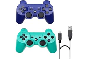 Rzzhgzq 2 Pack PS3 Wireless Controller Playstation 3 Controller Wireless Bluetooth Gamepad with USB Charger Cable for PS3 Console (Blue+Green)