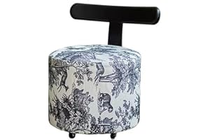 Modern Round Upholstered Vanity Stool with T-Shape Backrest, Vintage Black & White Animal Print Fabric, 360° Swivel Caster Wh