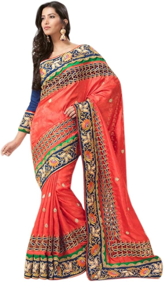 Triveni Indian Women S Floral Embroidered Wedding Saree Sari Orange Amazon Ca Clothing Accessories