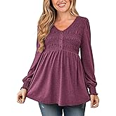 Women's Maternity Shirts V Neck Long Puff Sleeve Babydoll Top Casual Smocked Ruched Pregnancy Top with Button