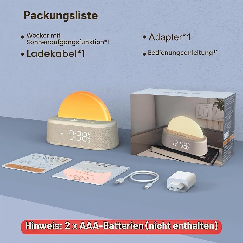 Tageslichtwecker, Lichtwecker Sonnenaufgang Wecker mit Licht, Wecker Digital mit Alarme und Snooze, White Noise Machine mit 30 Weißes Rauschen,Nachttischlampe mit 20 Helligkeit,8 Farblicht,Sleep Timer