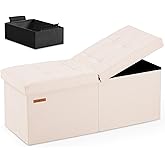 HAUSFRAU 31.5 Inches Ottoman with Storage, Folding Ottoman Small Foot Rest Stool Bedroom Bench with Flipping Lid, Linen Beige
