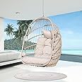 NICESOUL Egg Chair Without Stand Indoor Outdoor, Comfy Patio Wicker Hanging Chair with Cushion, 300lbs Swing Hammock Egg Basket Chairs, All Weather Ceiling/Tree Chairs for Balcony, Beige NO Stand