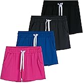Real Essentials 4 Pack: Girls Athletic Performance Dry-Fit Running Shorts with Drawstring & Pockets