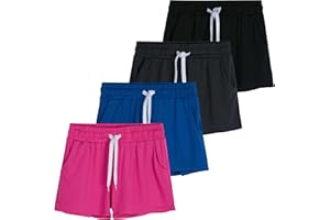 Real Essentials 4 Pack: Girls Athletic Performance Dry-Fit Running Shorts with Drawstring & Pockets