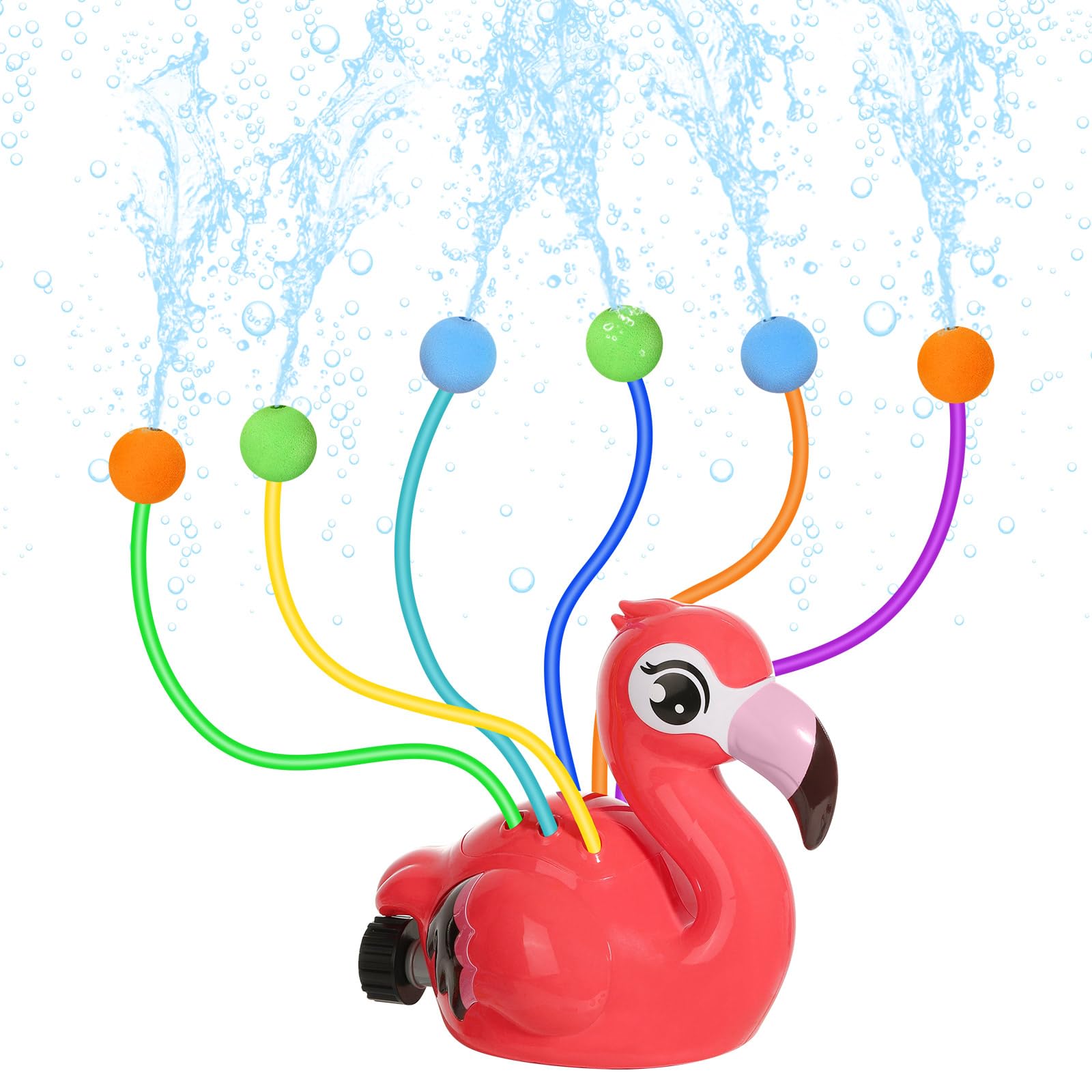MoKo Water Sprinkler for Kids,Cute Spray Flamingo Toys with 6 Wiggle Tubes 6 Sponge Balls 1 Hose Clamp Outdoor Summer Sprinklers for Garden Backyard Lawn Splashing Fun Toys for Pet, Red Flamingo — image 1
