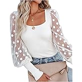 LYANER Women's Square Neck Blouse Sheer Mesh Lantern Sleeve Polka Dot Knit Business Casual Tops Shirts