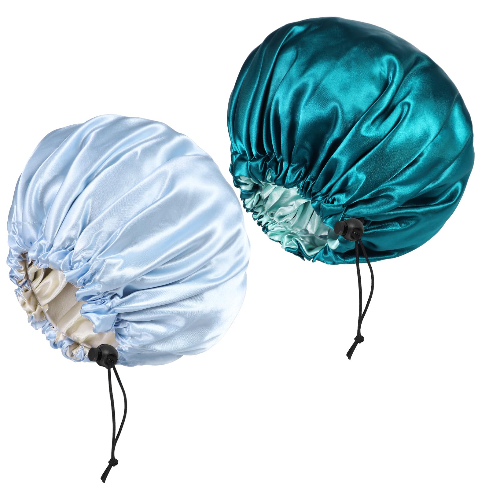 2 Pieces Adjustable Bonnet, 36cm Double Sided Satin Sleep Caps Night Sleep Hat for All Hair Lengths Women Curly Natural Hair Head Cover(Light blue+Hole blue) — image 1