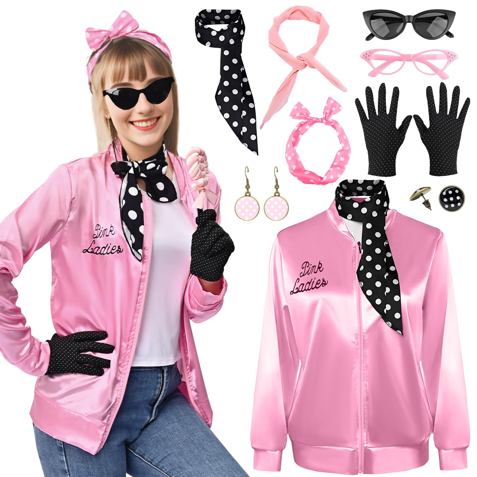 Maryparty Pink Ladies Jacket Pink Jacket for Ladies Fancy Dress 1950s Costume for Women Adults (Style-2, L)