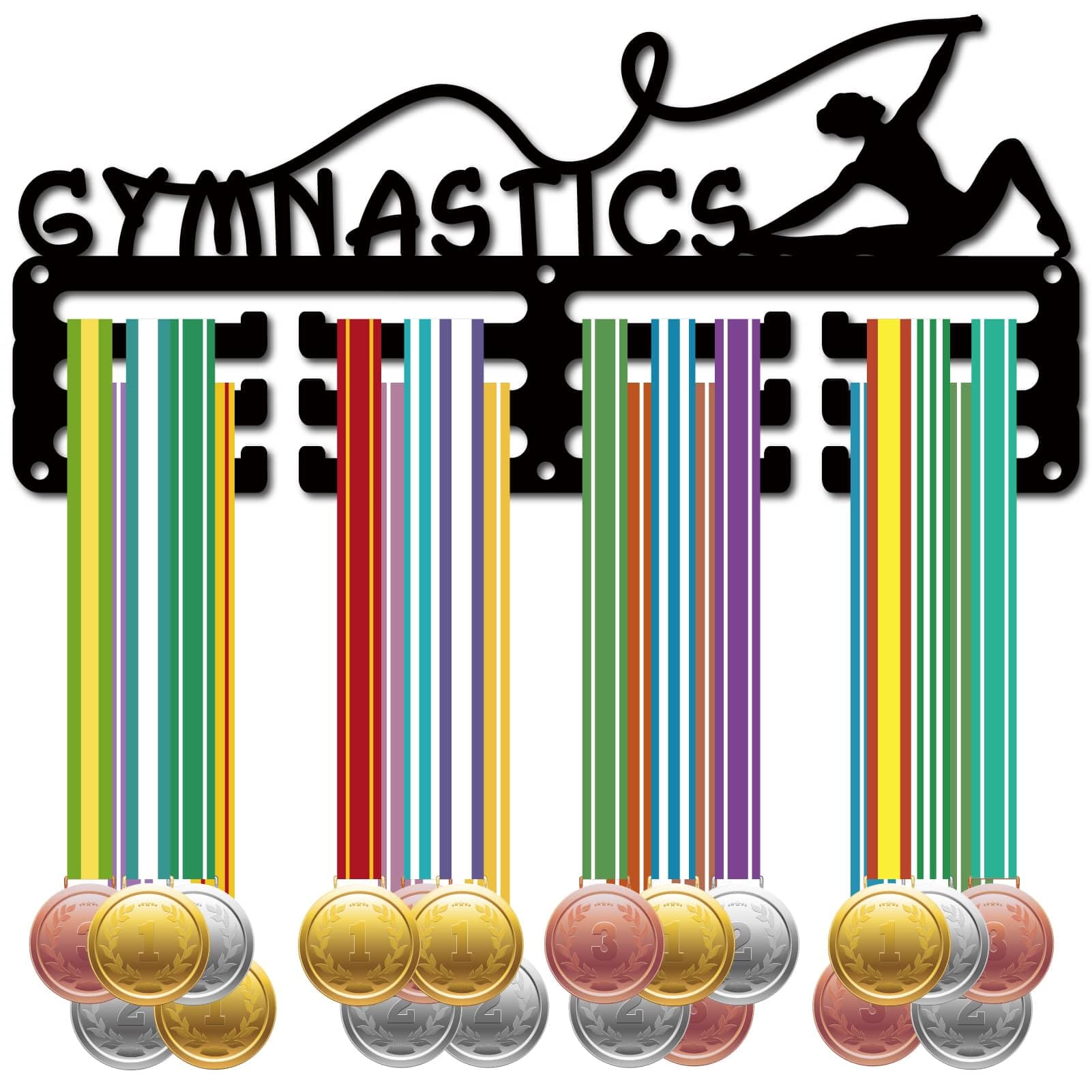 CREATCABIN Gymnastics Medal Holder Medal Hanger Medal Rack Display Hanging Awards Wall Mounted Decoration 3 Lines Design Hold 40+ Medals Gift for Gymnasts Race Winner Women Men 11.4x5.1 Inch Black
