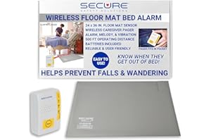 SECURE SAFETY SOLUTIONS Secure Bed Alarm for Elderly Adults - Wireless 24" x 36" Floor Mat Sensor and Caregiver Pager with 32 Sounds and Vibrate - 500 ft. Range - Bed Alarms and Fall Prevention for Elderly Dementia Patients