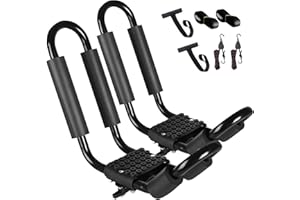 FORWODE Heavy Duty Kayak Roof Rack, 1 Pair J-Bar Kayak Rack with 2 Ratchet Tie, 2 S-Hook Ratchet Straps, 2 Anchor Belts for Kayak Canoe Boat Surf Ski on SUV Car Truck Crossbar