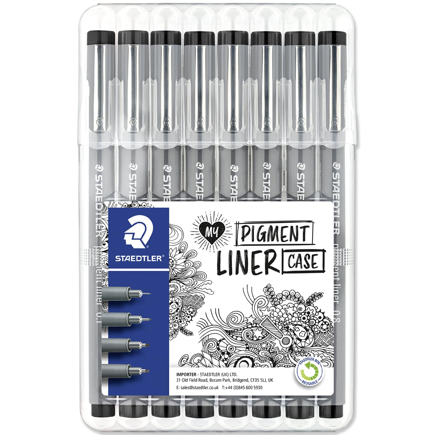 STAEDTLER 308 Pigment Liner Fineliner Pens | Black Fineliners Wallet Desk Sets | Art, Drawing, Handwriting, Calligraphy, Journal Fine Liner Pens (Mixed Set, Black, Wallet of 8)