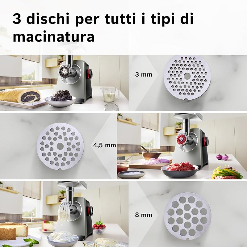 , Tritacarne MultiPower Serie 8, motore da 2500 watt, tritacarne, grattugia, accessorio per salsicce e kebbe, colore nero, MFWS840M