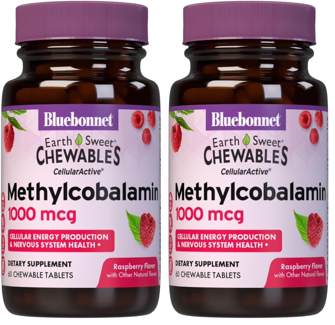 Bluebonnet EarthSweet Methylcobalamin B12 1,000 mcg, Raspberry, 60 Chewables (Pack of 2)