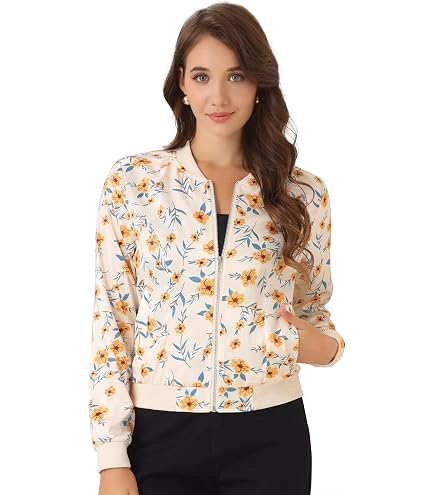 thumbnail image 2 of Women's Floral Baseball Jacket - Long Sleeve Zip Up Bomber With Stand Collar & Pockets 2 of 9