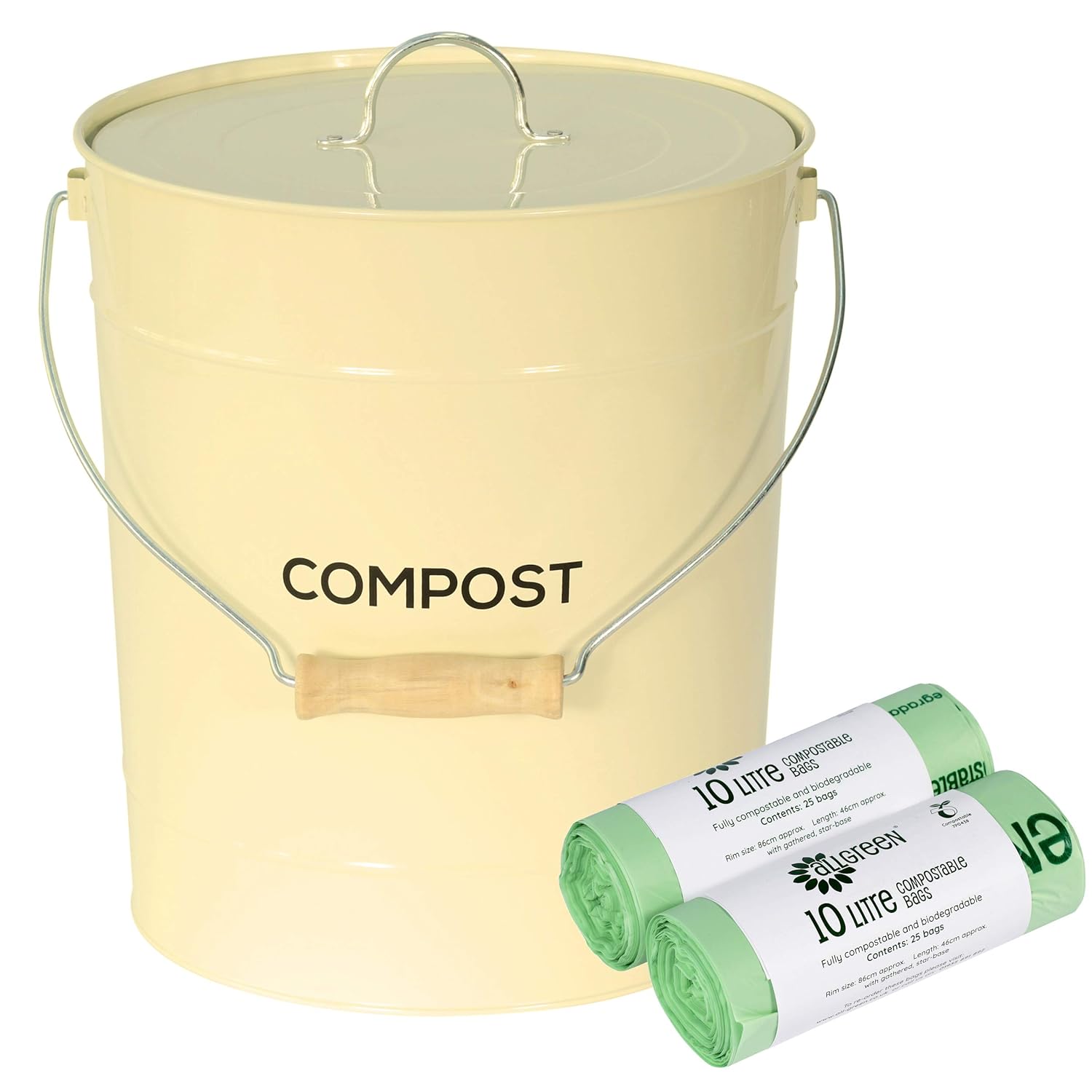 Extra Large Cream Metal Kitchen Compost Caddy & 50x 10L AllGreen