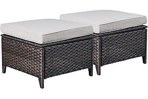 Rilyson Outdoor Ottoman Wicker Patio Ottomans - 2 Piece Footrest Footstools Set Rattan Outdoor Ottomans for Patio with Thick Cushions(Brown/Beige)