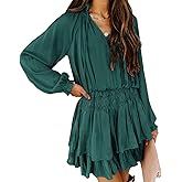 R.Vivimos Women's Cotton Long Sleeves V Neck Layered Ruffles Pleated Swing Mini Dress