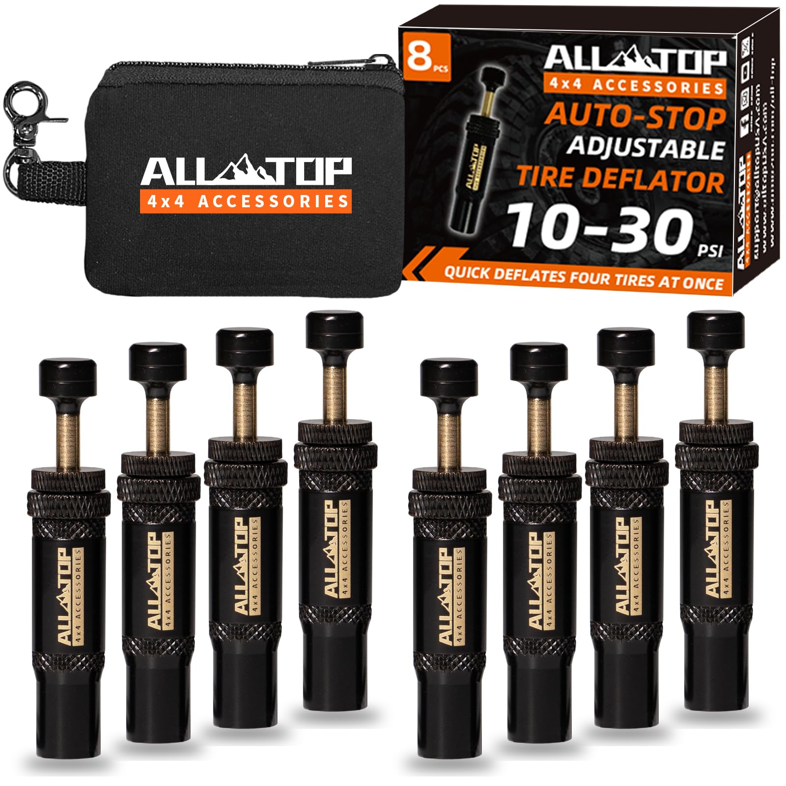 Photo 1 of ALL-TOP Adjustable Auto-Stop Tire Deflator Valve Kit (10-30 PSI) 8 PCS Screw-on Tyre Air Down Tool for Offroad 4x4 (with 5 Valve caps)